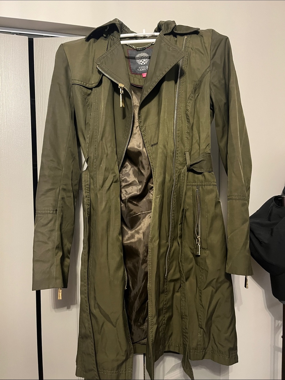 Vince Camuto Olive Green Long Trench Coat with Zip Details